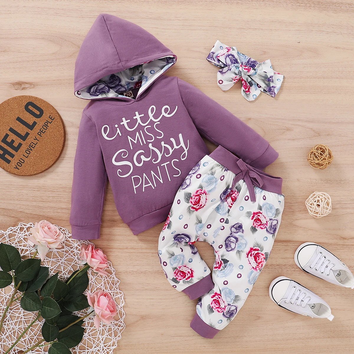 Toddler Baby Girl's Autumn Outfit Sets Purple Long Sleeve Letter Print Hooded Top + Floral Pants + Bowknot Headband