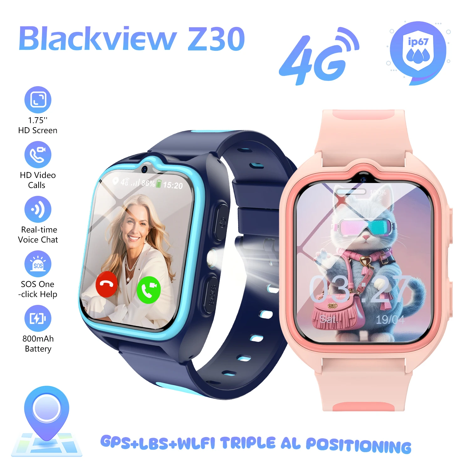 

Blackview New Z30 4G Call Kids Smart Watch Waterproof Video Monitor Tracker SOS GPS Location Digital Watches for Chirdren's Gift