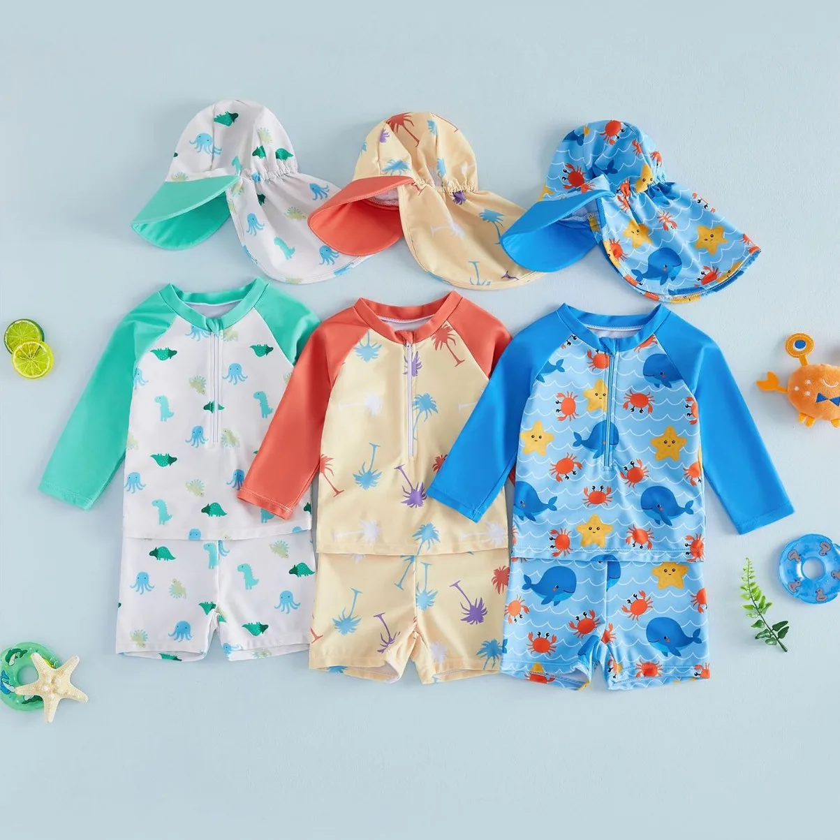 

Комплект из трех предметов для мальчиков 2026: детский купальник с длинным рукавом, милым мультяшным принтом, защитой от солнца, быстросохнущий, для плавания и купания