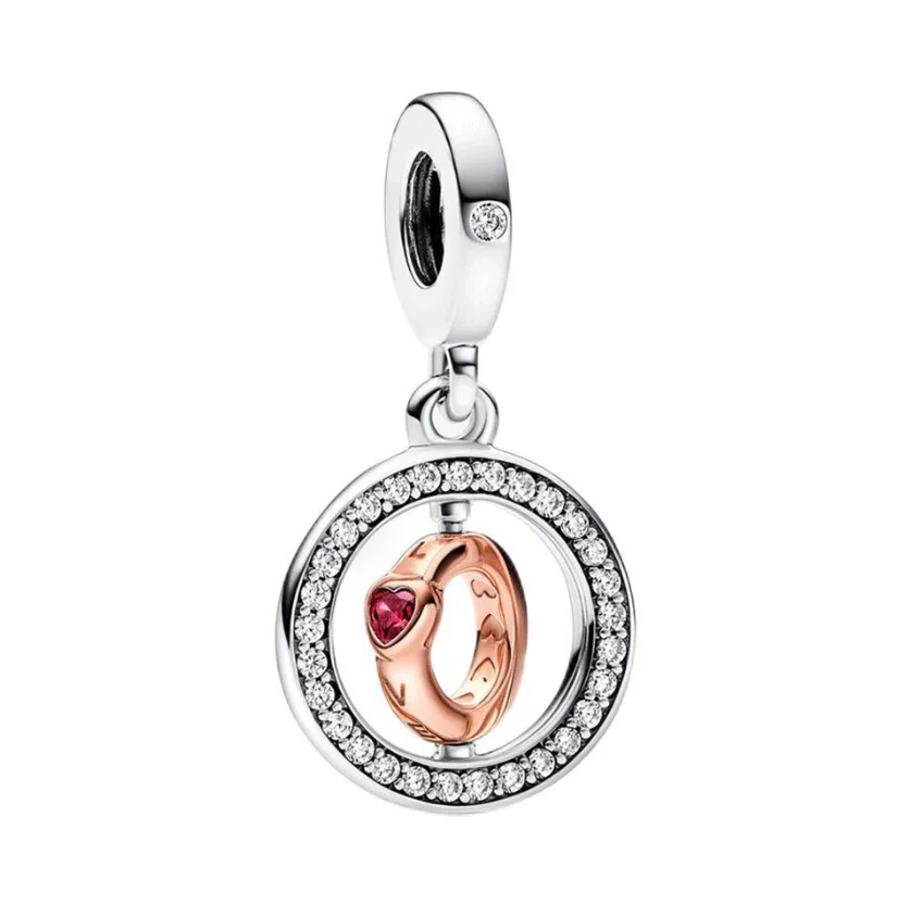 Abalorio Colgante Bañado en Plata, Anillo Giratorio de Corazón en Oro Rosa con Marco de Circonitas Pavé, Compatible con Pulseras Europeas, Bonito Amor Eterno