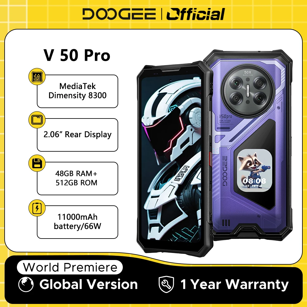World Premiere DOOGEE V50 Pro Rugged Phone 52GB+1TB AI Pets Dimensity 8300 6.78