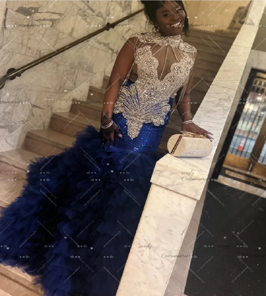 Robe de soirée de luxe en diamant, bleu Royal, sirène, noire, robe de bal pour filles, volants inférieurs, grande taille, robe d'anniversaire formelle à paillettes