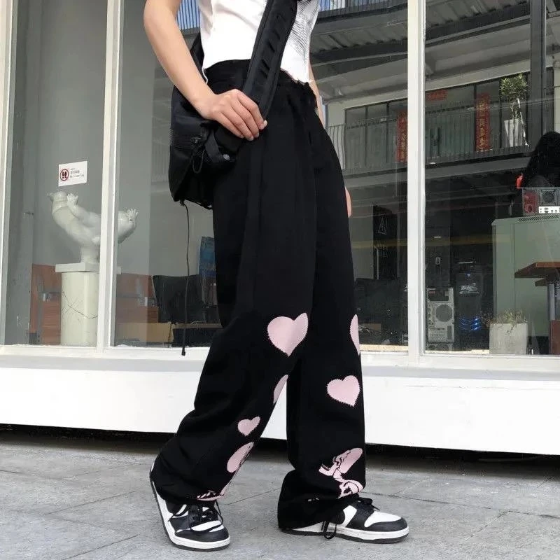 Oversize Straight Trouser Women Love Skull Bone Print Wide Leg Elastic High Waist Casual Pants Harajuku streetwear y2k grunge