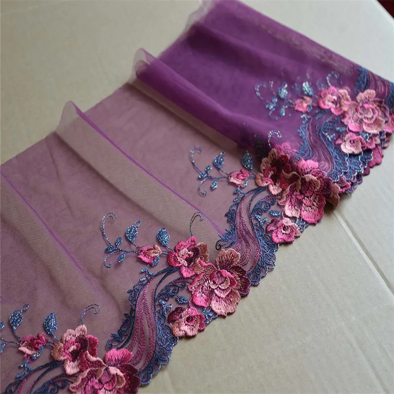 2Yds/lot 21cm Wide Fuchsia White Mesh Shiny Thread Flower Lace Trim Design for Wedding Bridal,Garment Decoration Underwear