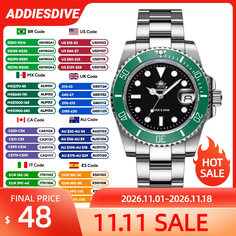 ADDIESDIVE NEW Luxury Men’s Quartz Watch 200M Diver Watch BGW9 Super Luminous Ceramic Bezel Stainless Steel Business Wristwatch
