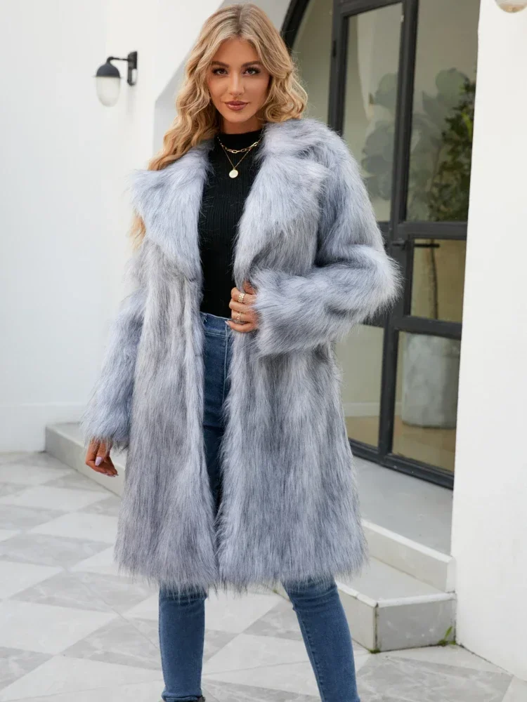 Women\'s Warm Faux Fox Fur Long Coat Winter Leisure Long Jacket Windbreaker Women Thick Fluffy Luxury Bontjas Outerwear