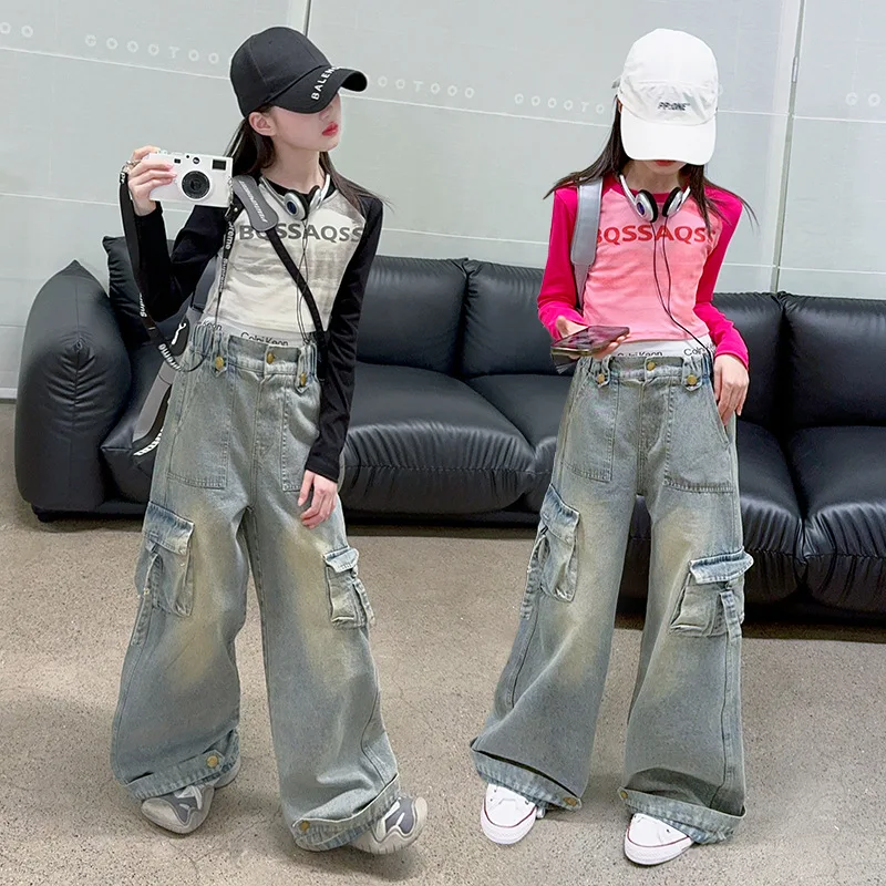 Girls Trousers Tooling Wide-leg Pants 2024 Autumn New Fashion Girl Long-sleeved Base Shirt Fashion Mop Simple Casual Bottoms