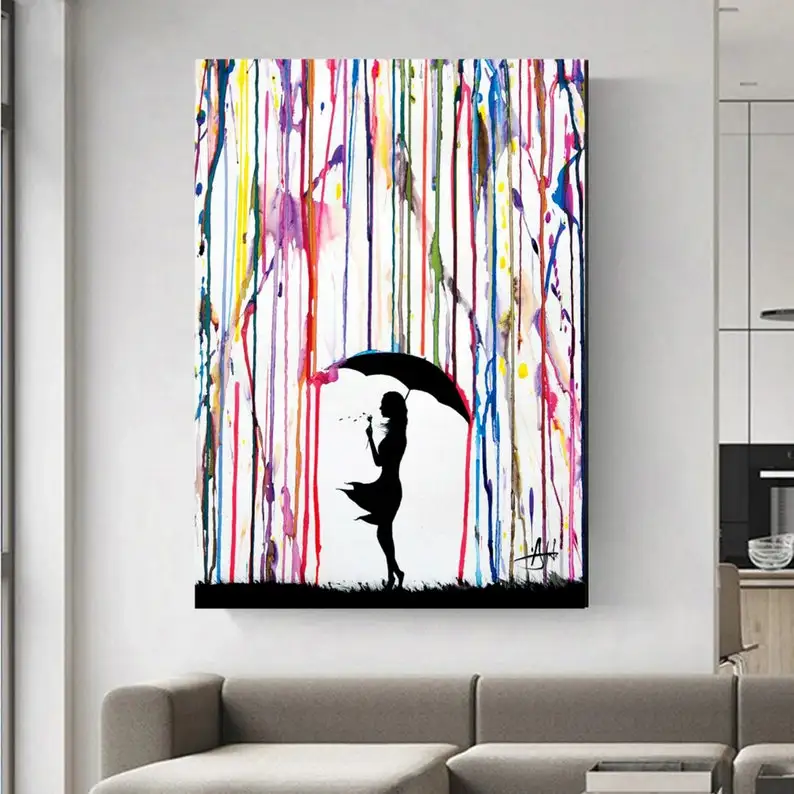 

Banksy Girl with Umbrella In Colourful Rain Street Art Printed Canvas 0r Poster Print