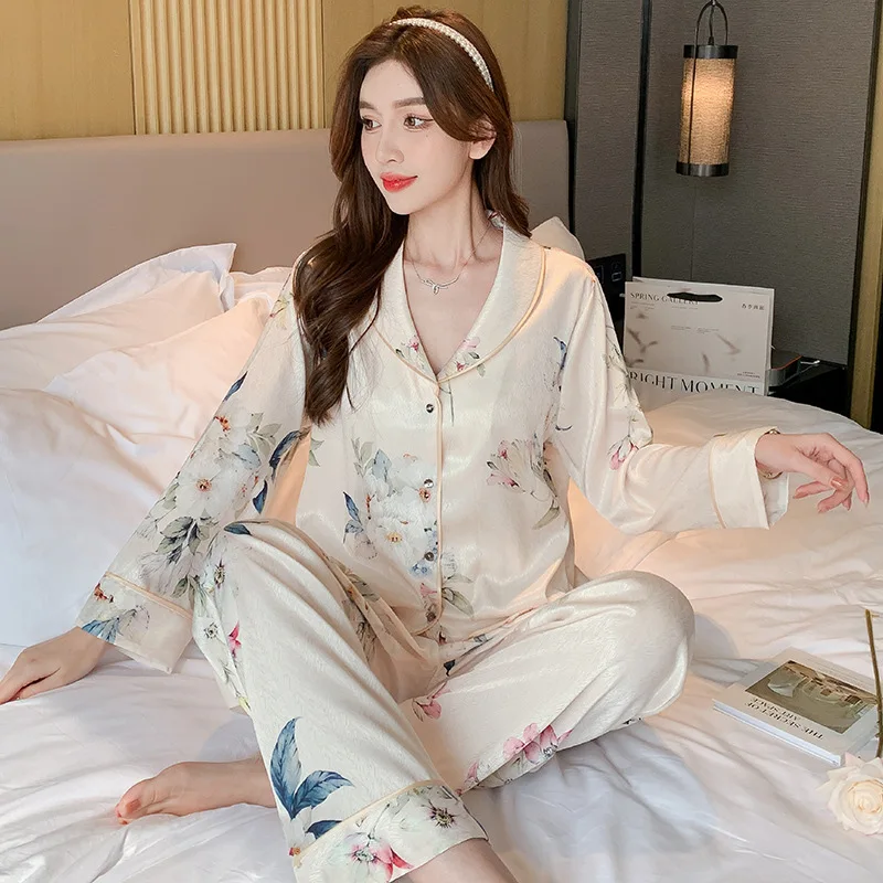 Long Sleeved Pants Pajama Set Fashionable Printed Lapel Sleepwear Loose Casual Nightwear Women's Satin Loungewear Home Clothes