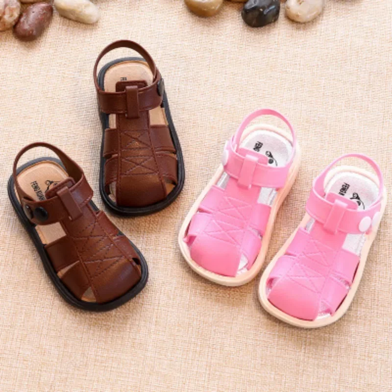 Summer Baby Shoes New Closed Toe Toddler Boy Sandals Soft Sole Non-slip First Walkers Infant Solid Color Hollow Out Beach Shoes