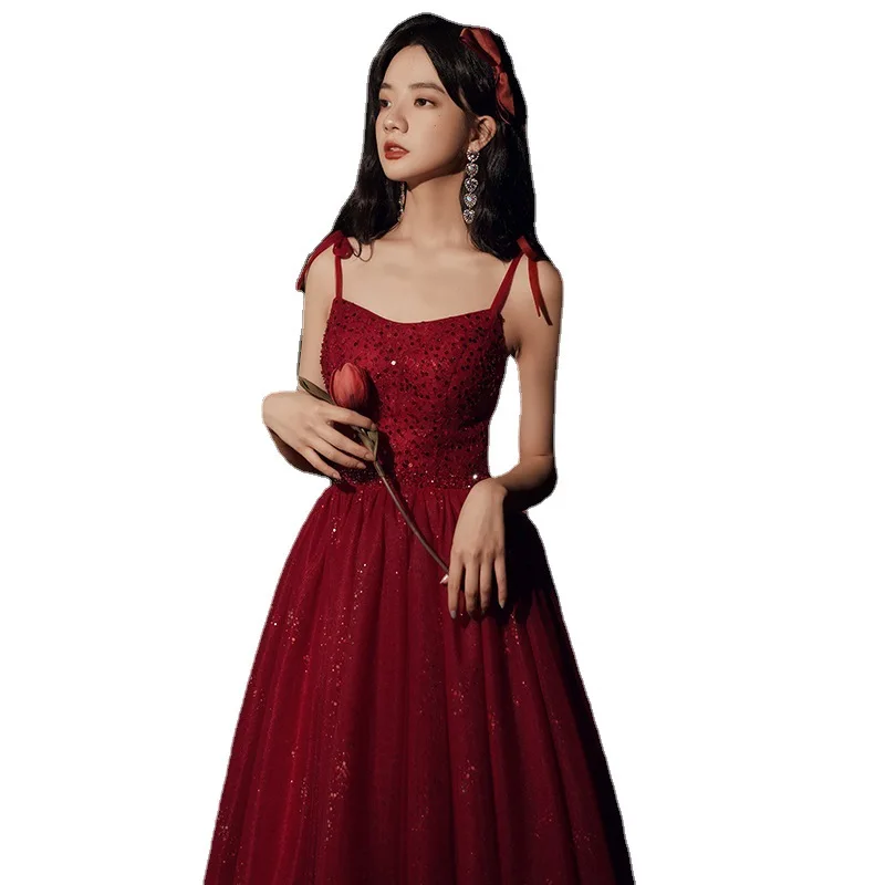 Burgundy Spaghetti Strap Evening Dress BlingBling Classic Tulle Prom Gown Elegant Lace Up Backless Long Cocktail Party Vestido