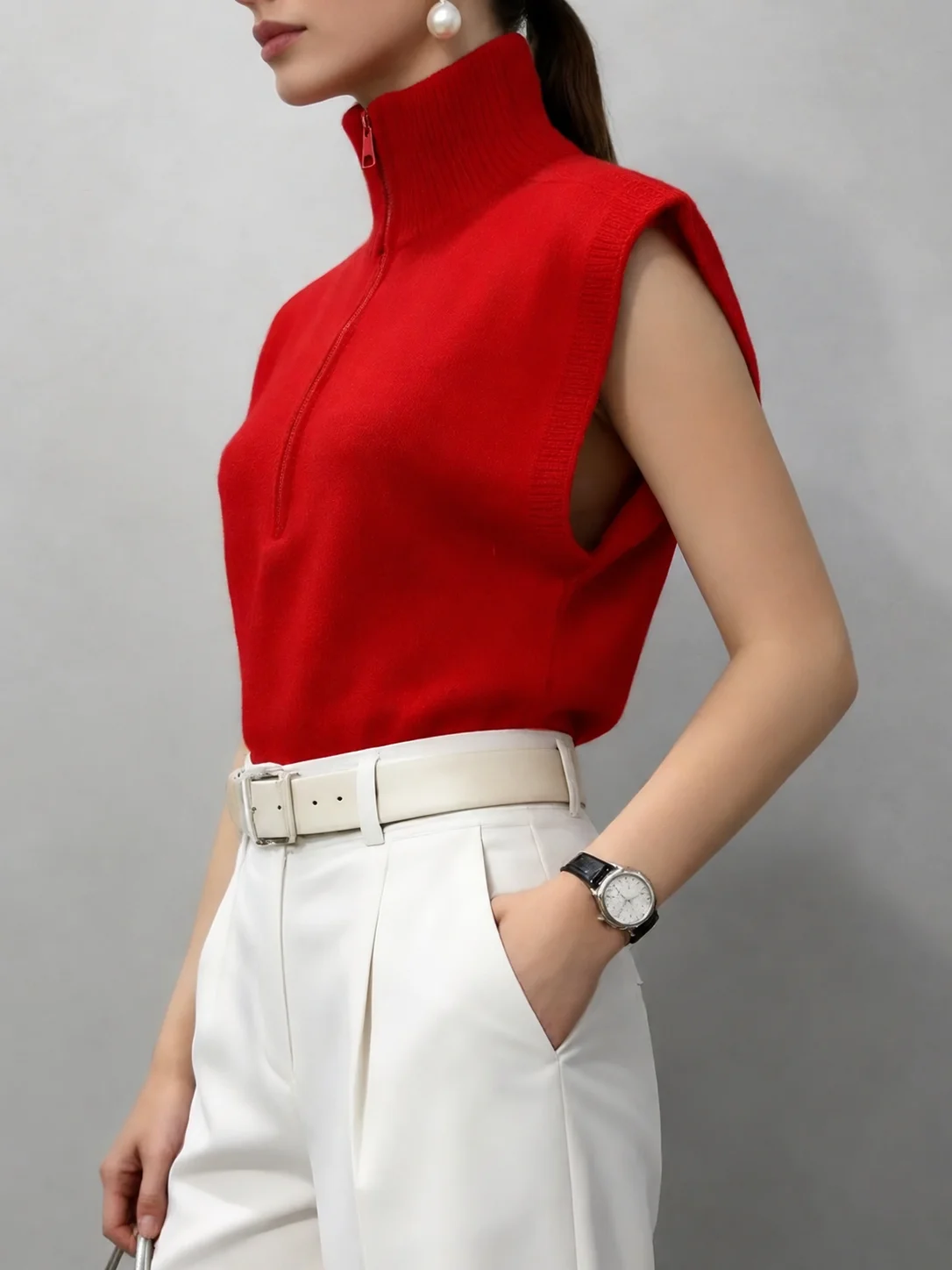Women Elegant Red Half Zip Turtleneck Knit Vest Soft Sleeveless Sweater Office Lady Casual Pullover Autumn Winter Warm Top