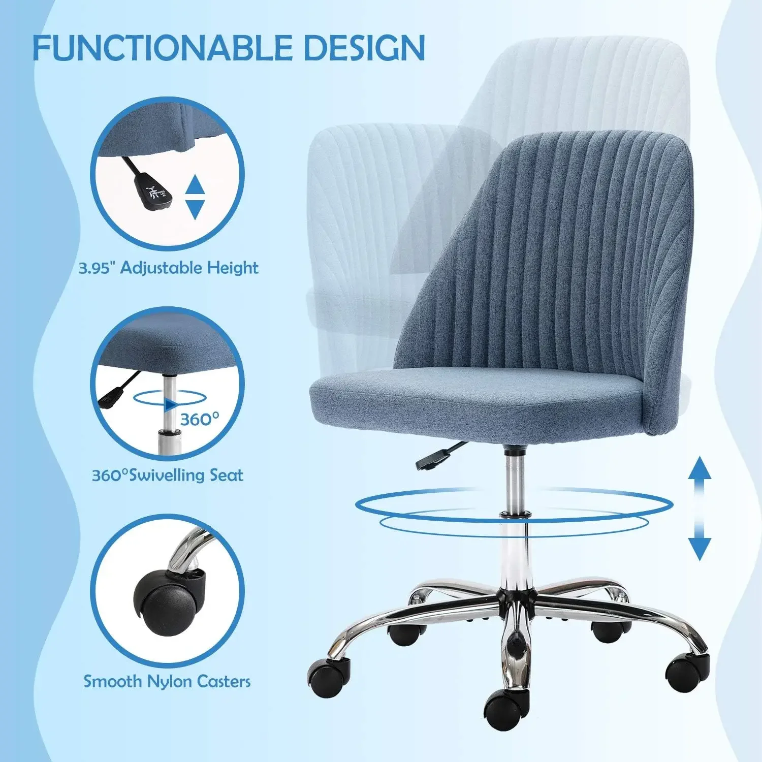 Modern Linen Office Chair, estofado tecido Desk Chair, sem braços com rodas, médio e azul