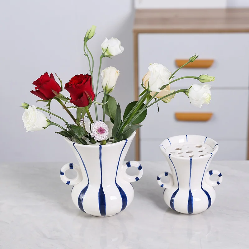 European Striped Ceramic Amphora Vase Hydroponic Flower Arrangement Container Living Room Dining Table Floral Decor Gift