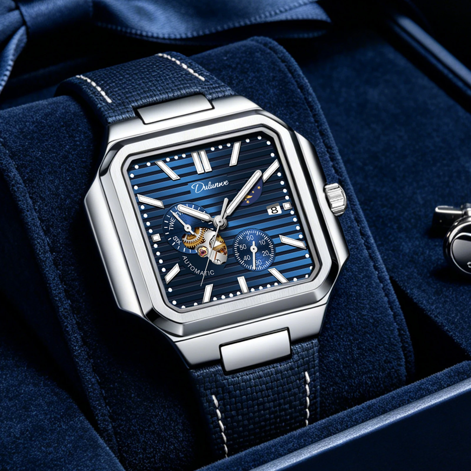 Dulunwe Mechanical Wrist Watch With Automatic Winding Square Design and High-Quality Fluoroelastomer Strap Automatic Watches