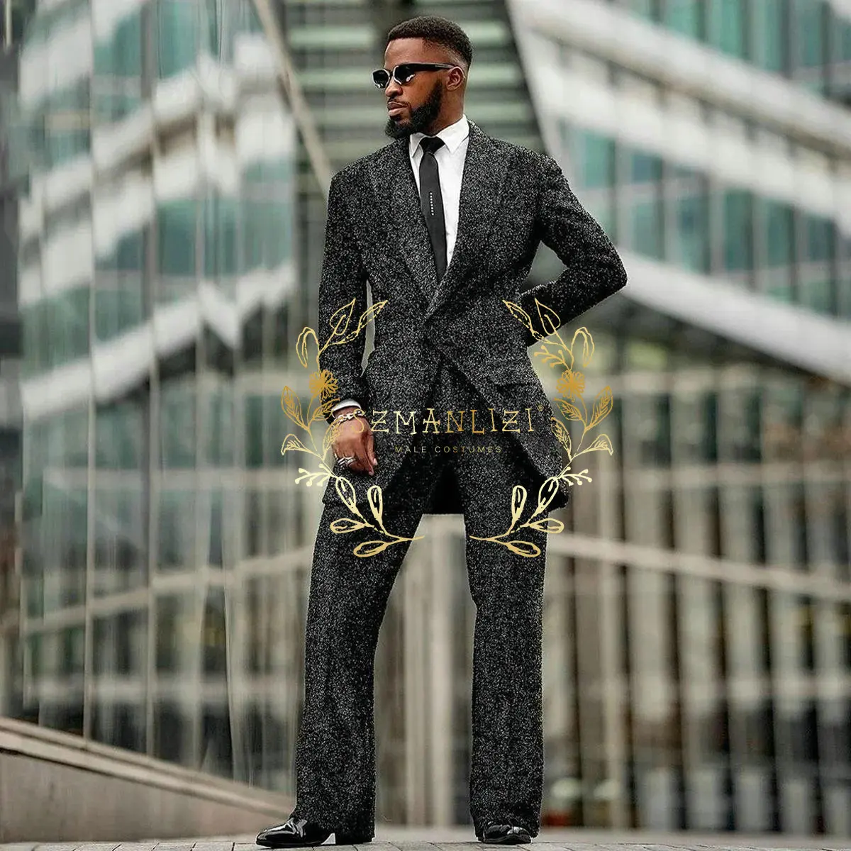 

Luxury 2 Pieces Shiny Black Tuxedos Men Suits Wedding Groom Dinner Party Male Prom Blazers Wide Leg Pants Ternos Completo