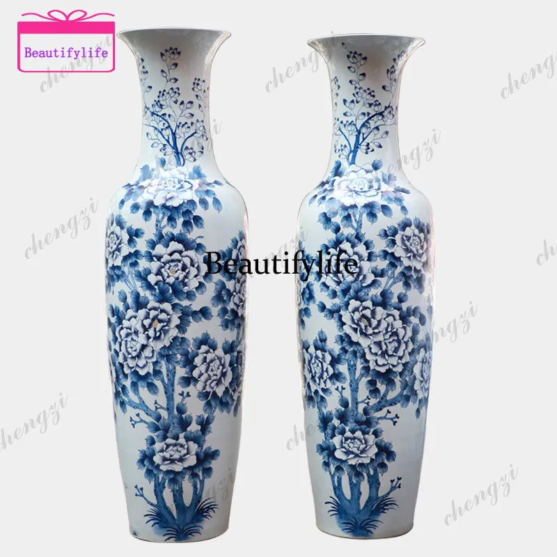 a55 Jingdezhen ceramics, blue and white pastel peonies, antique floor vase, hotel, living room home decoration