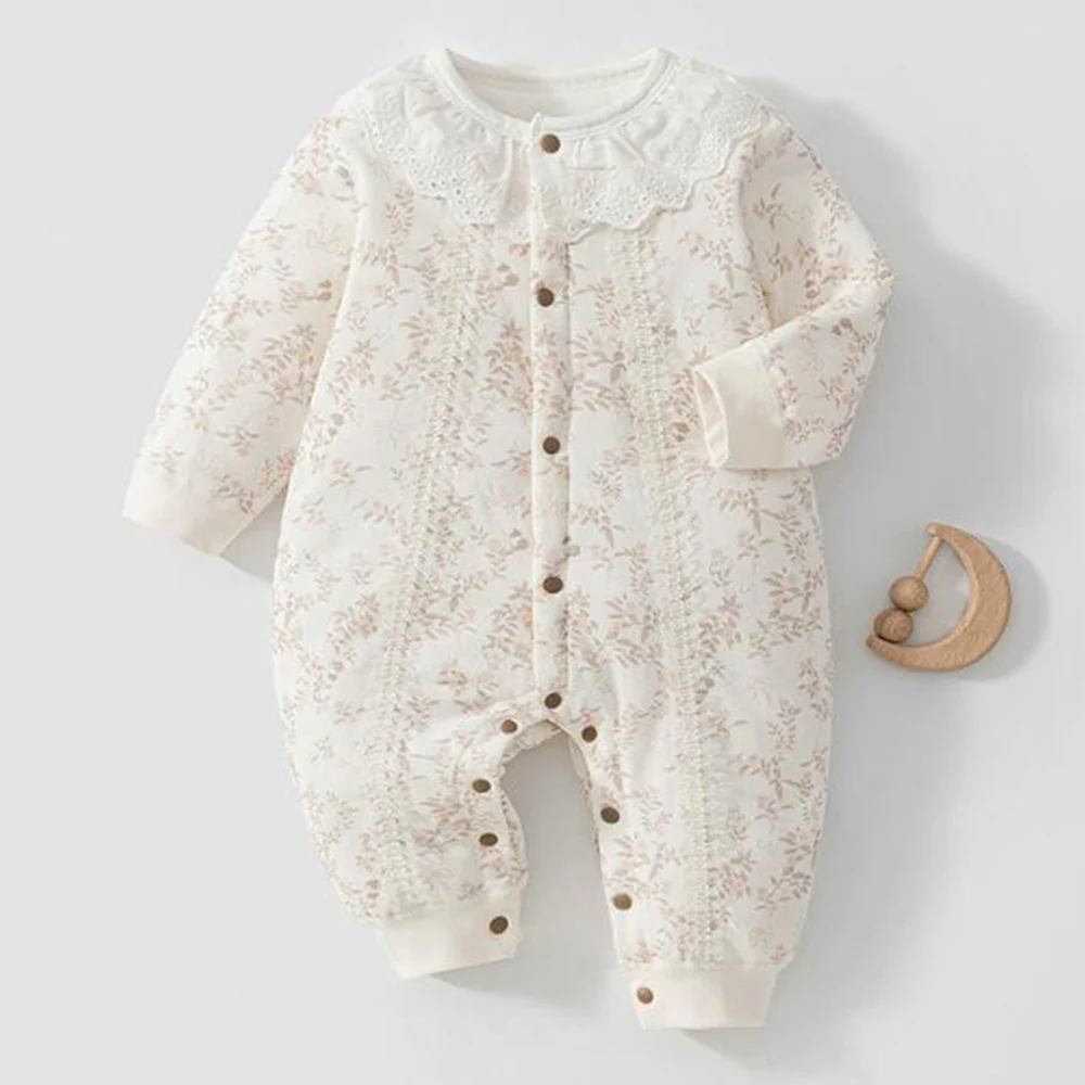 Christmas Baby Girl Romper Quilted Warm Winter Newborn Clothes Ruffles Collar Floral Princess 1st Birthday Infant Jumpsuit