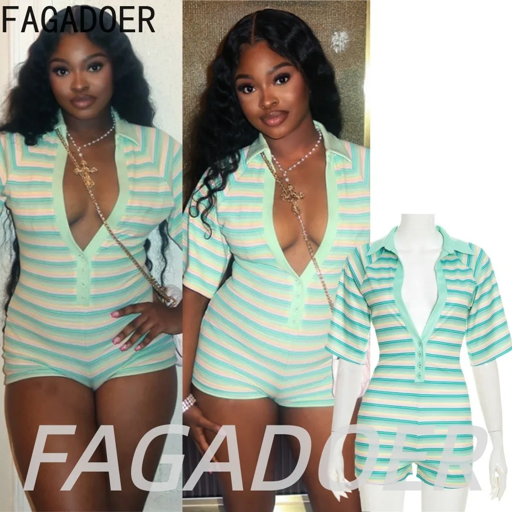 FAGADOER New Fashion Striped Patchwork Bodycon Rompers Summer Sexy Deep V Button Lapel Jumpsuits Streetwear Party Club Playsuits