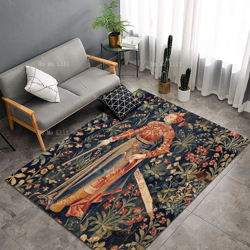 Brave Woman Flora Fauna Planting Medieval European Jacquard King Mille Fleurs Background Decor Flannel Floor Rug By Ho Me Lili