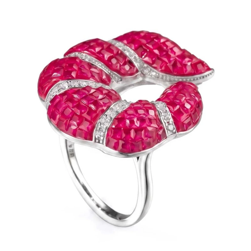 Bellux Luxury Spiral Twist Statement Ring 925 Silver Gold Plated Paved Red Zircon Invisible Setting Flower Rings for Women