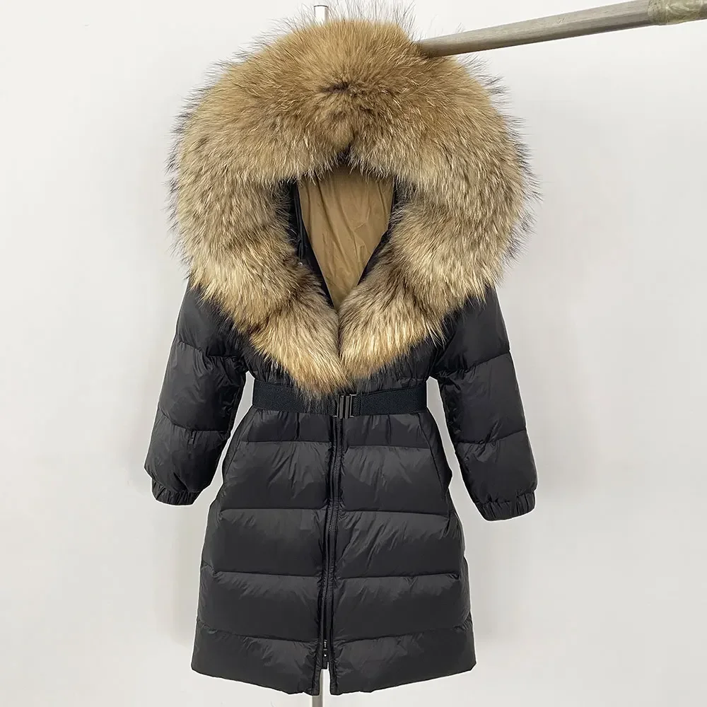 New Natural Thick Warm Long Winter Jacket Women 90% White Duck Down Coat Real Big Fox Fur Collar Belt Loose Puffer Parka