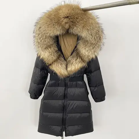 Novo natural grosso quente longo jaqueta de inverno feminino 90% pato branco para baixo casaco real grande pele de raposa gola cinto solto puffer parka