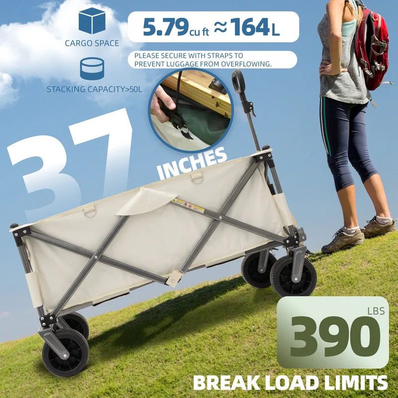 

Folding Wagon Heavy Duty Utility Beach Wagon Cart for Sand with Big Wheels Adjustable Handle Drink Holders for Shopping Camping