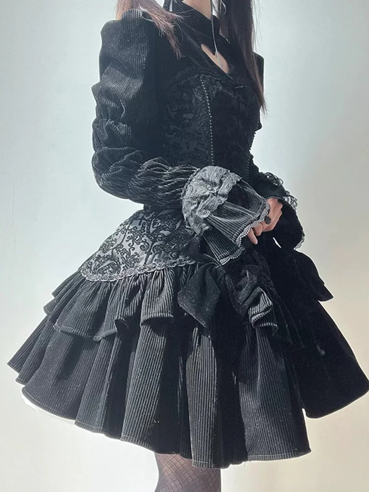 Dark Gothic Lolita Flocking Dress OP Lolita Hollow Out Sweet Cool Bunny Halloween Princess Dress