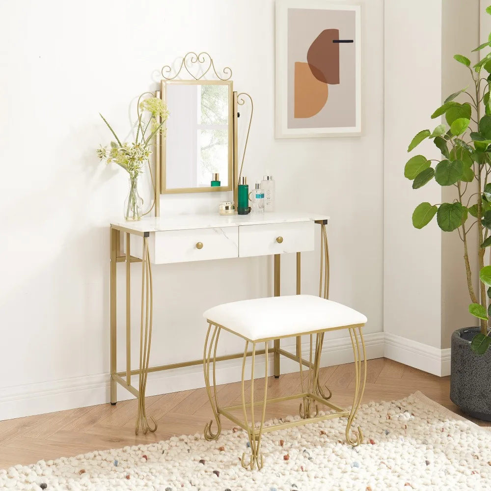Vanity Mirror Table Set with Stool, Vintage White Makeup Desk with Storage for Women and Girls, Dressing Table with 2 Drawers