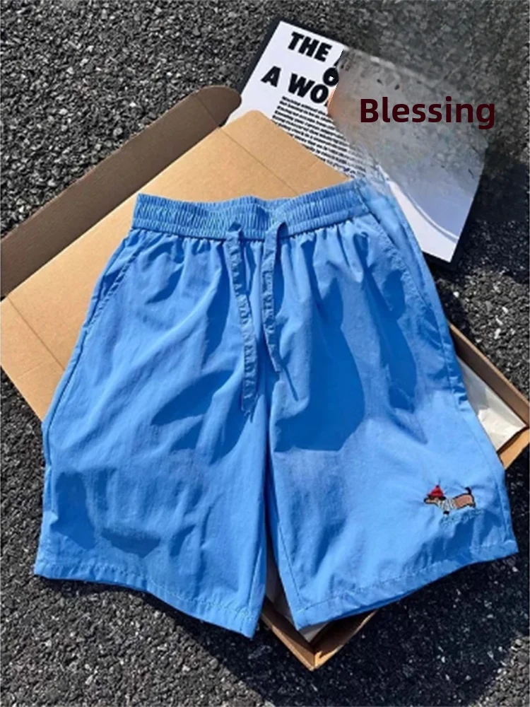 

Blue Dopane Embroidered orts Men's Summer Thin Cool Casual Five-Quarter Length American Couple Beach Pants Straight Leg Fit