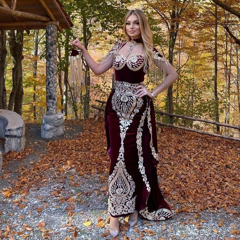 VD Sexy Moroccan Caftan Evening Dresses Mermaid Dubai Saudi Arabic Gold Embroidery Burgundy Islamic Prom Gowns Plus Size 2024
