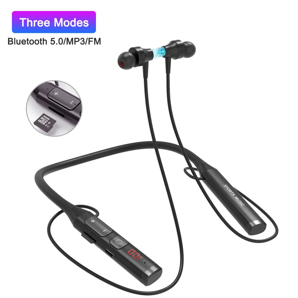 Wireless Headset Bluetooth 5.0 Headphone 9D HiFi Stereo Neck-Hanging Earphones Sport Earbuds Support TF Card FM Audio Playback