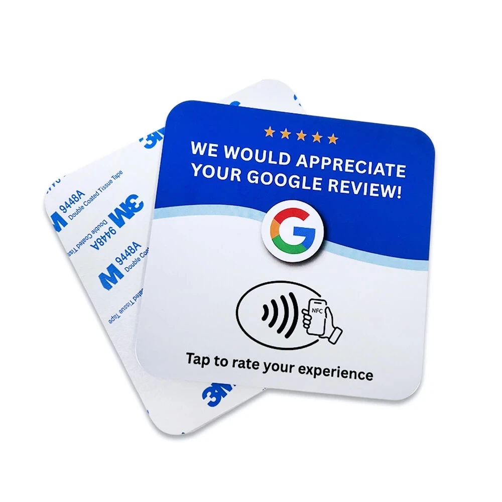 Quadratische 100-mm-NFC-Google-Bewertungs-PVC-Plattenkarte mit Klebeband auf der Rückseite zum Aufkleben auf den Tisch. – Detail 4