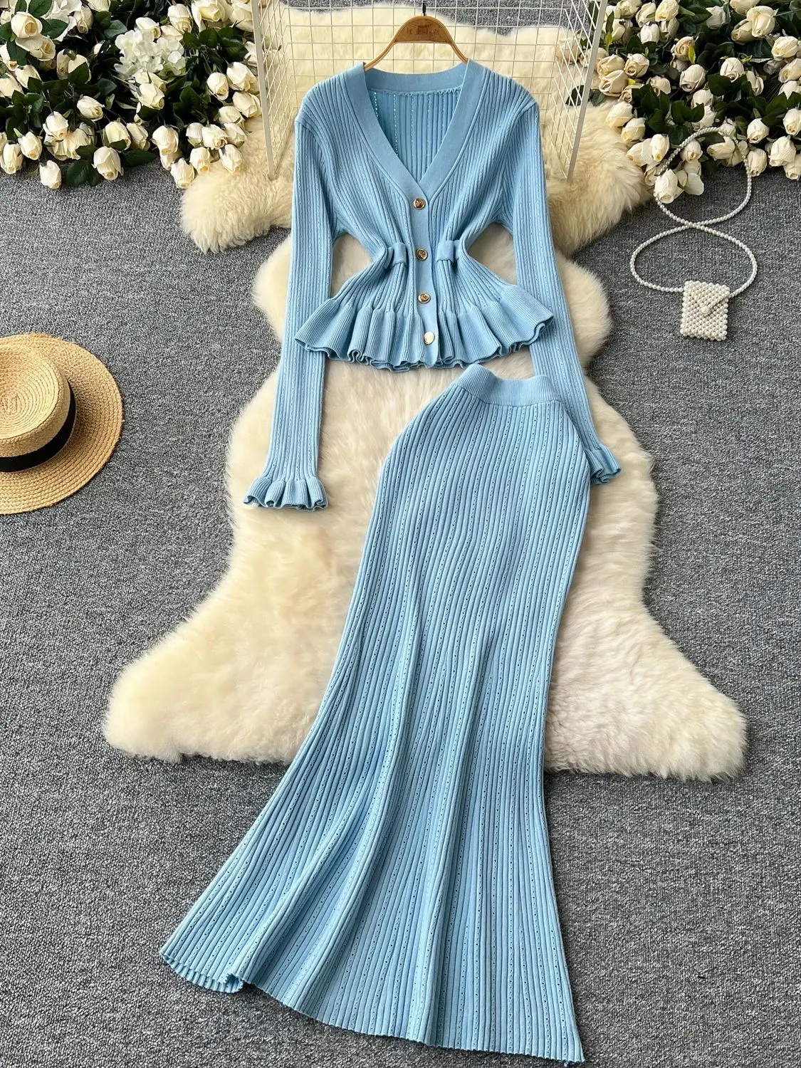 Autumn Elegant Slim Two Pieces Sets Women Single Breasted V-Neck Cardigan High Waist Bodycon Mermaid Skirt Knitted Sets J337