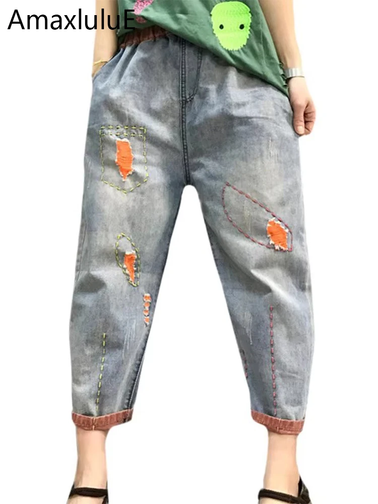 

AmaxluluE Korean Fashion Harem Pants Womens Summer Loose Ripped Denim Pants Ladies Classic Vintage Casual Jeans Punk Streetwear