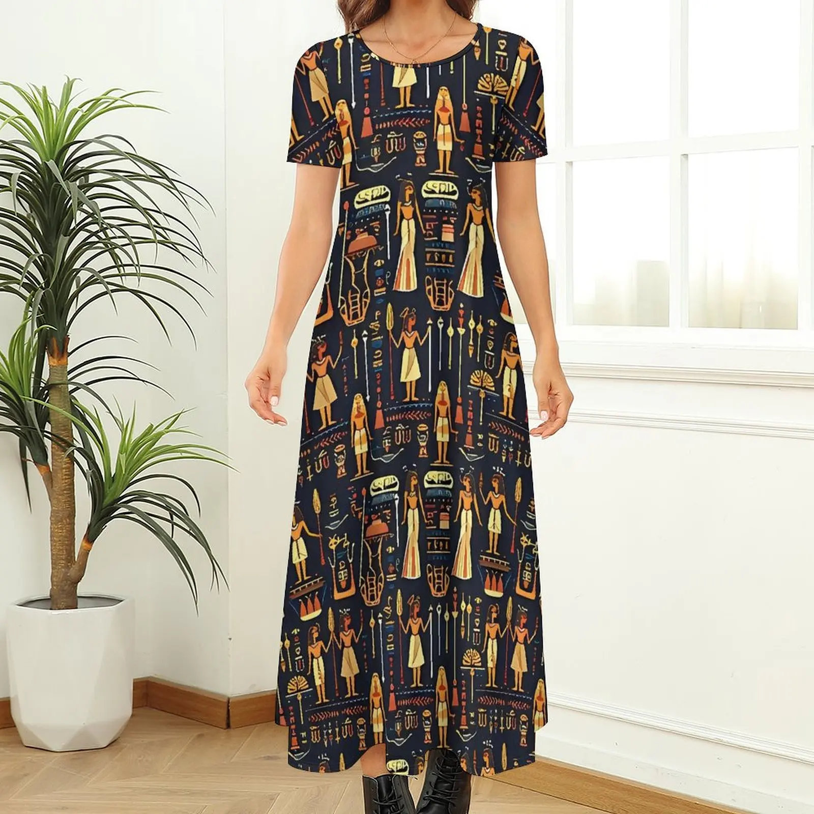 Ancient Egyptian Art Pattern Dress  Streetwear Bohemia Long Dresses Female Modern Maxi Dress Birthday Present