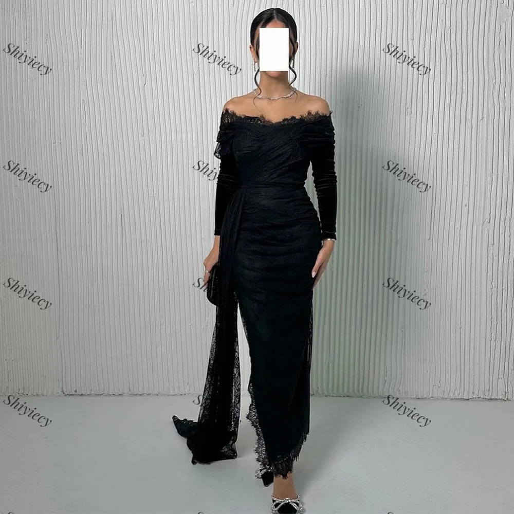 Black Lace Evening Dress Classic Boat Neck Long Sleves Sheath Prom Dress with Side Split HIgh Quality Celebrity Dresses 2024