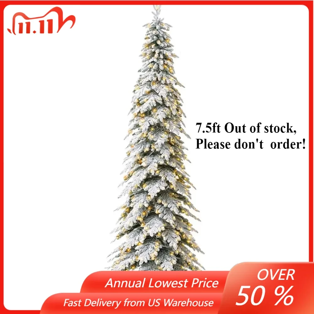 

11ft Pre-Lit Flocked Pencil Spruce Artificial Christmas Tree with 700 Warm White Lights and Sturdy Metal Stand for Party.