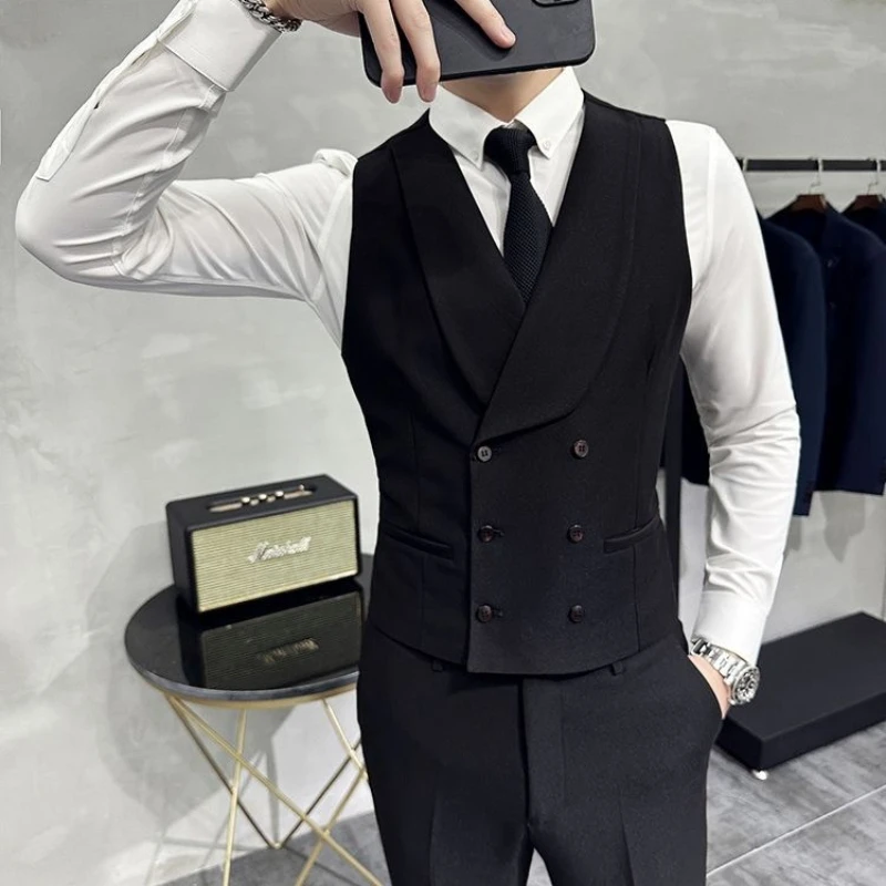 Double-breasted Vest England Style Suit Slim Korean Business Fashion V-neck Mock Pocket Sleeveless Elegance Inside Join Coats