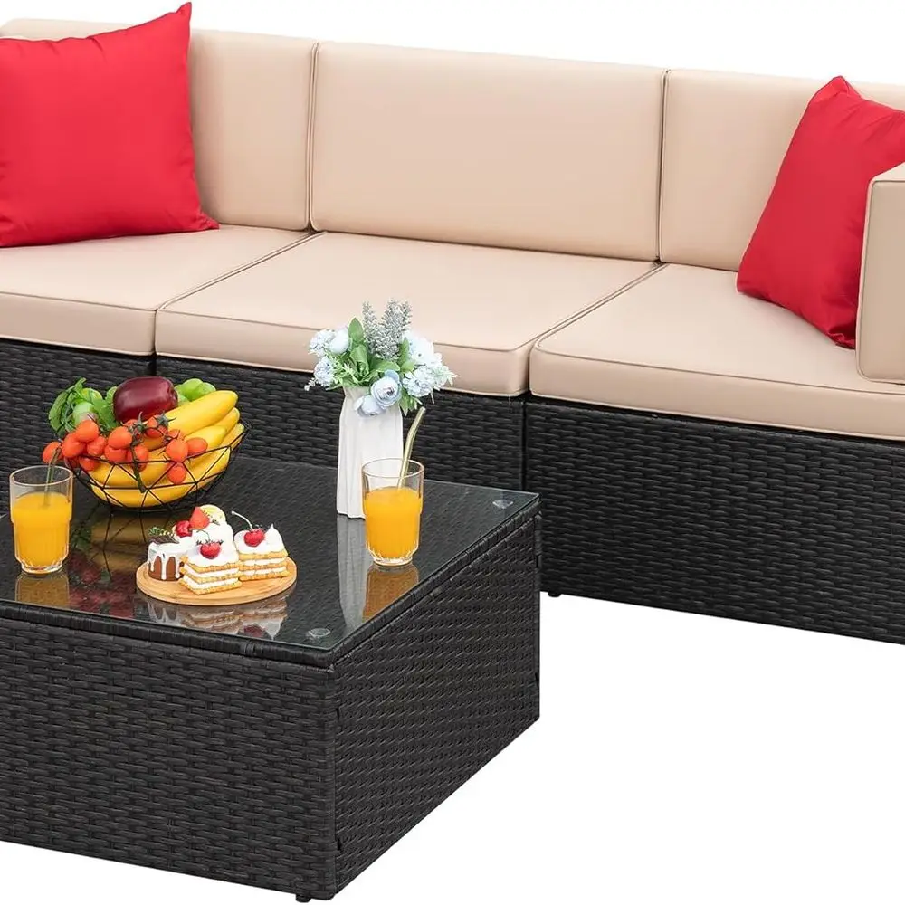 

4-Piece Wicker Outdoor Sectional Sofa Set with Cushions and Tempered Glass Table for Patio, Deck, or Terrace (Beige)