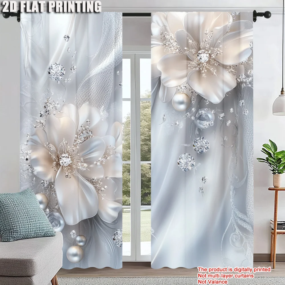 

2Pcs Gray Diamond Pearl Butterfly Print Curtains Rod Hole Design For Easy Hanging Light Filtering Polyester Drapes For