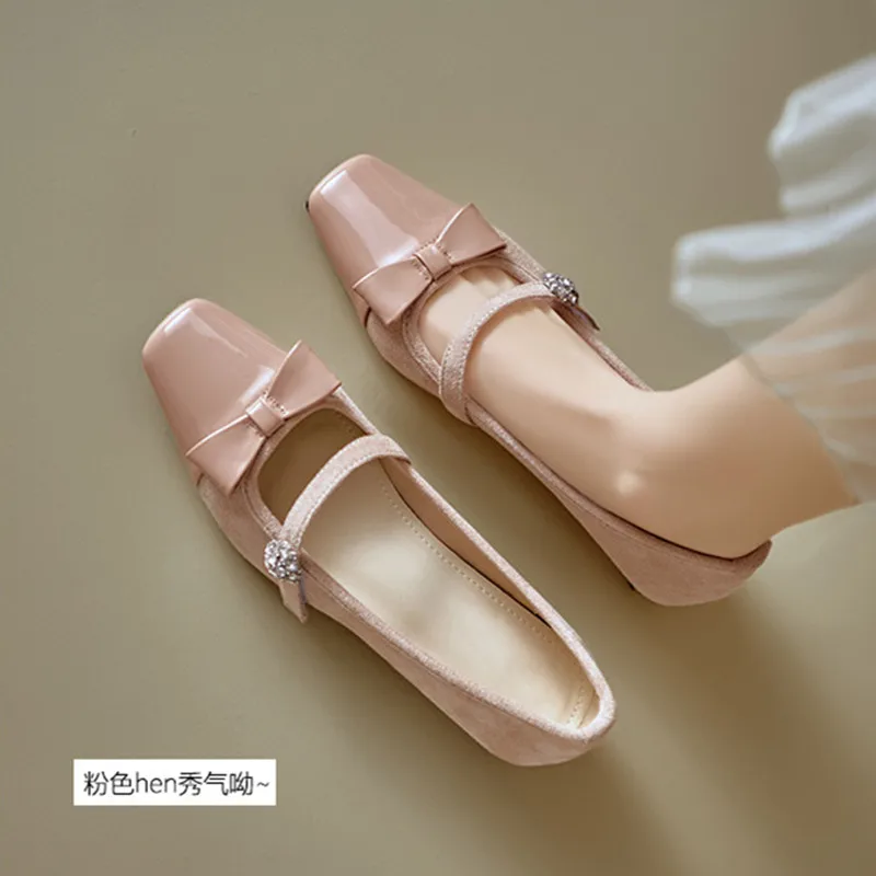 Französische Eckige Spitze Schleife Blockabsatz Einzelschuhe Damen 2026 Neu Elegante Flache Mary Jane Schuhe mit Niedrigem Absatz