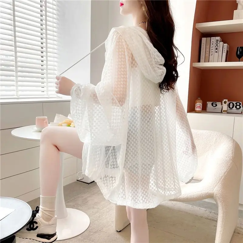 Hooded Sunscreen Shirt Zipper Jacket for Women 2025 Summer Korean Style Versatile Loose Perspective Long Sleeve Top jacket