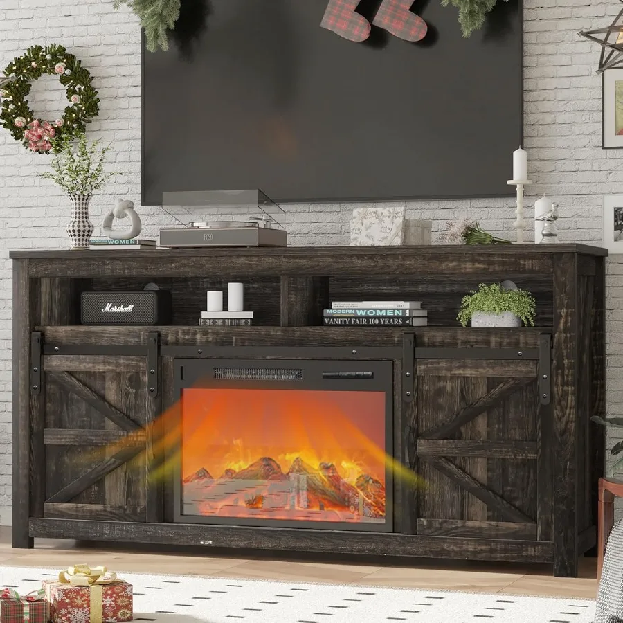 58 Farmhouse TV Stand with Fireplace Entertainment Center w/Sliding Barn Door Rustic Media Console with 2 Storage Shelves Wood
