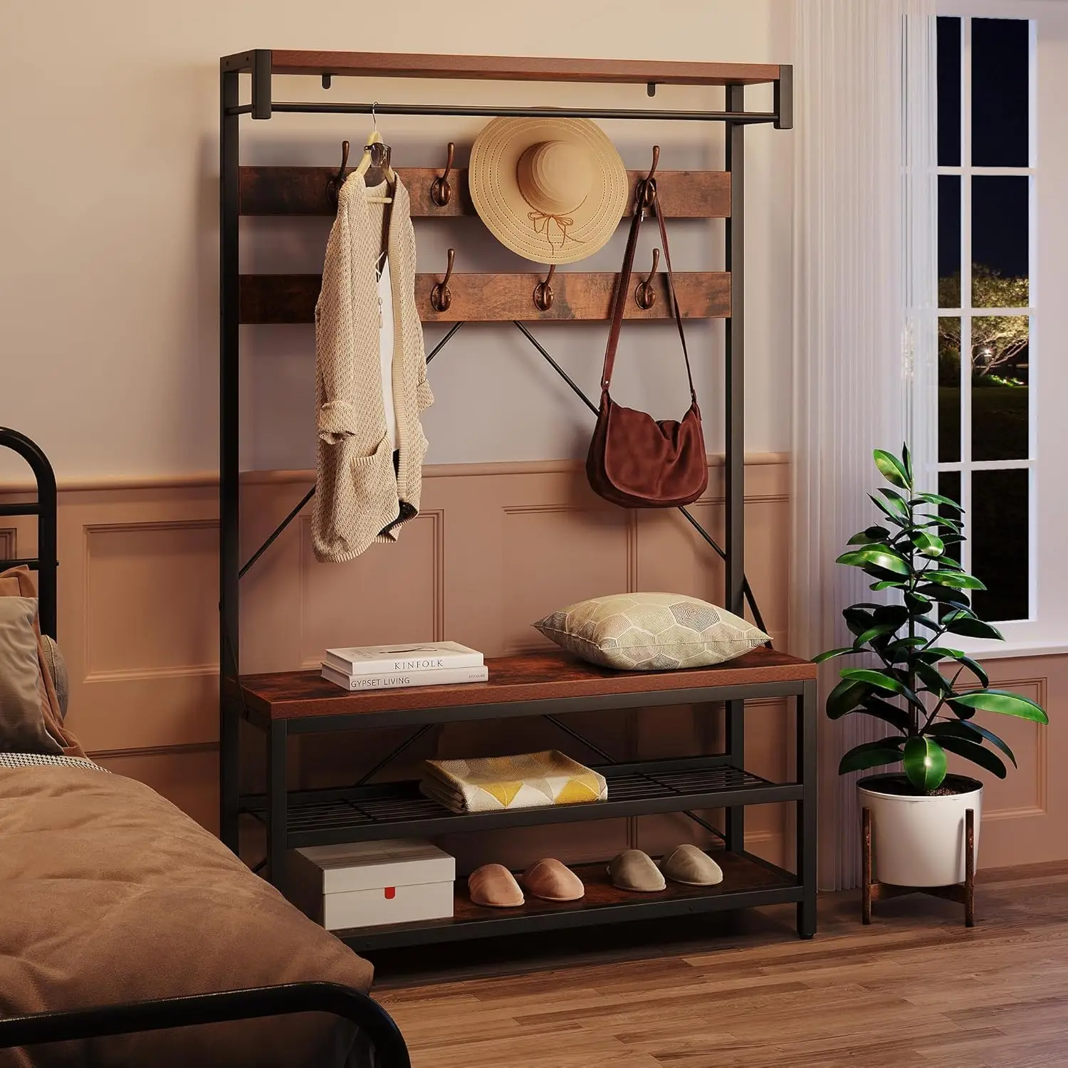 Appendiabiti da ingresso con panca e spazio per riporre le scarpe, scaffale porta scarpe con ripiano e barra per appendere, appendiabiti con 8 ganci per l’ingresso, la porta d’ingresso, colore marrone