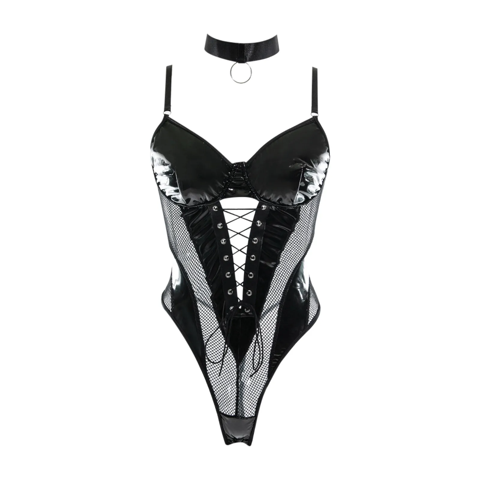 Body de cuero PU, lencería gótica de rejilla, ropa fetiche para club nocturno, corsé con cordones, Catsuit transparente con tiras transparentes BDSM