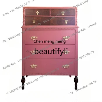 Solid wood high chest cabinet bedroom household bedside six-bucket cabinet retro pink bedside drawer cabinet  H