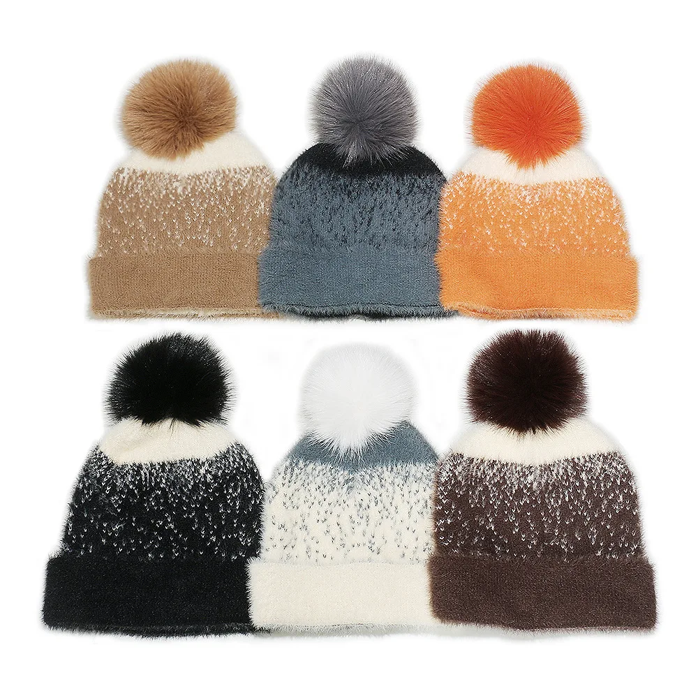 Super Soft Knit Hat for Women, Stretchy Warm Winter Slouchy Cap with Cozy Ball Gradient Color Ombre Fuzzy Pom Beanie
