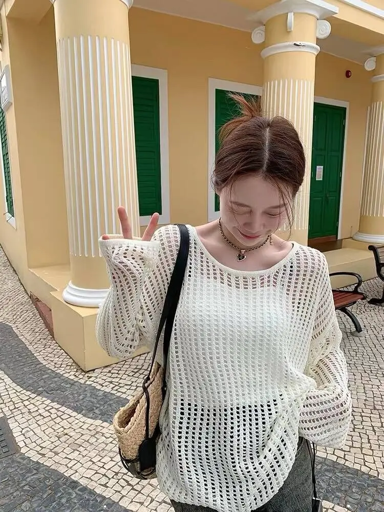 

High end, loose and stylish, versatile long sleeved round neck sun protection cover up, hollowed out knit top for women